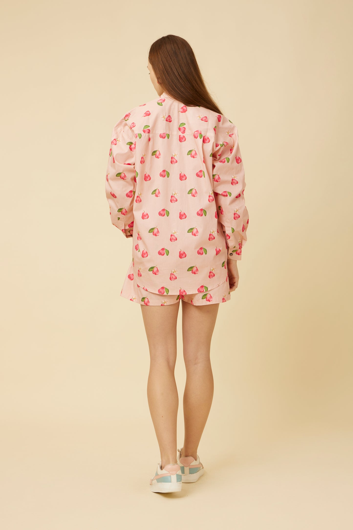 Back view of Rose Apple Co-Ord Set displaying the elastic back shorts with practical pockets, paired with a full-sleeve shirt