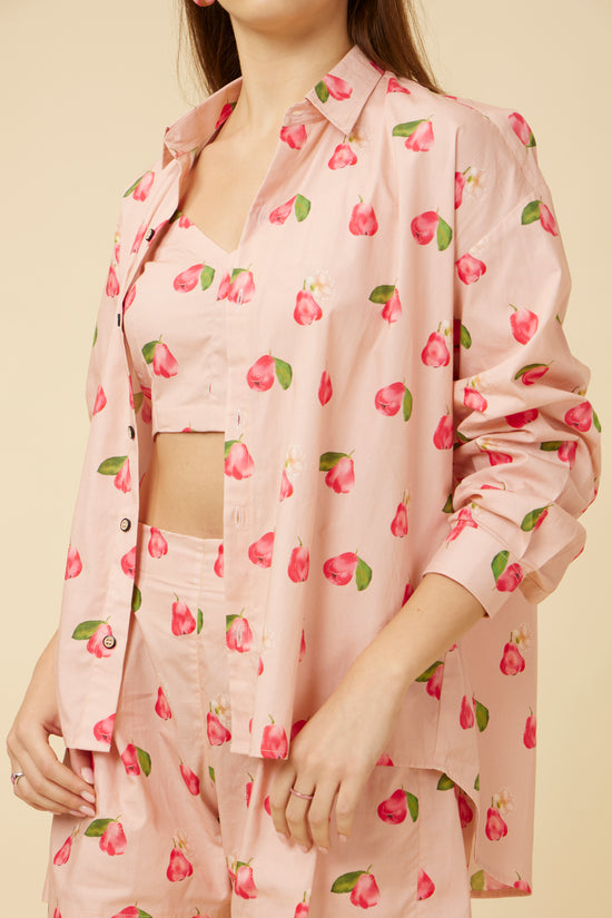 Close-up of the Rose Apple Co-Ord Set showing the detailed rose apple print on the shirt and shorts, designed for a stylish, nature-inspired look