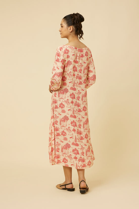 Back view of the unlined Jaipur Rani dress showcasing the elegant print and comfortable three-quarter sleeves