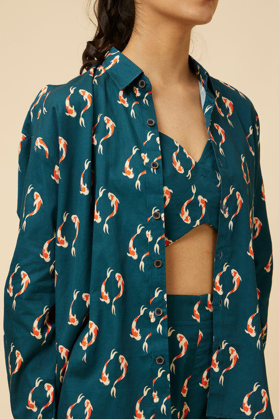 Close-up of the Yin Yang Co Ord Set, focusing on the shirt's detailed koi fish print and the shorts' snug yet relaxed fit